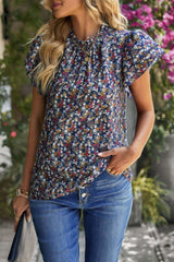 Floral Mock Neck Ruffle Short Sleeve Shirt - Fit Me For 20