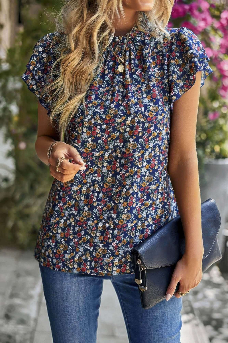 Floral Mock Neck Ruffle Short Sleeve Shirt - Fit Me For 20