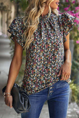 Floral Mock Neck Ruffle Short Sleeve Shirt - Fit Me For 20