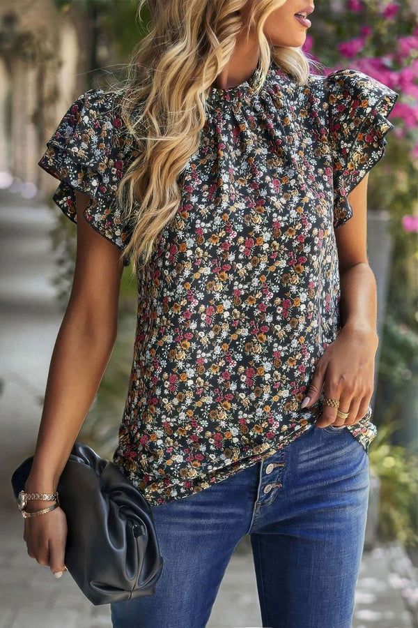 Floral Mock Neck Ruffle Short Sleeve Shirt - Fit Me For 20