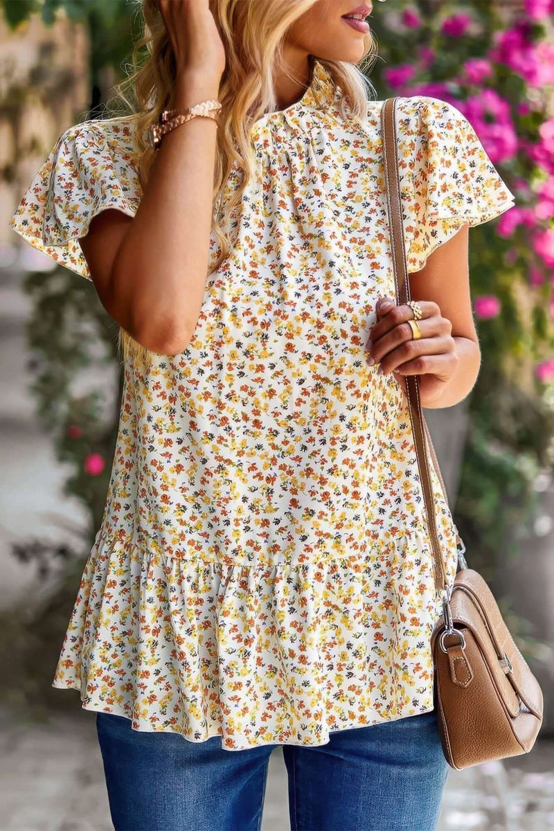 Ruffle Frill Trim Mock Neck Short Sleeve Shirt - Fit Me For 20