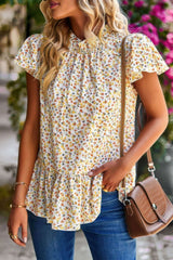 Ruffle Frill Trim Mock Neck Short Sleeve Shirt - Fit Me For 20