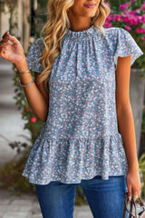 Ruffle Frill Trim Mock Neck Short Sleeve Shirt - Fit Me For 20