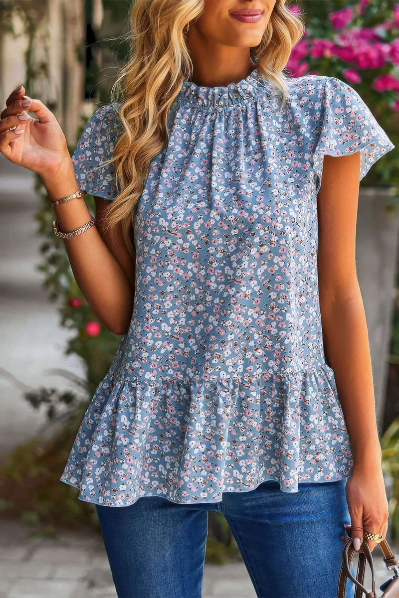 Ruffle Frill Trim Mock Neck Short Sleeve Shirt - Fit Me For 20