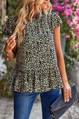 Ruffle Frill Trim Mock Neck Short Sleeve Shirt - Fit Me For 20