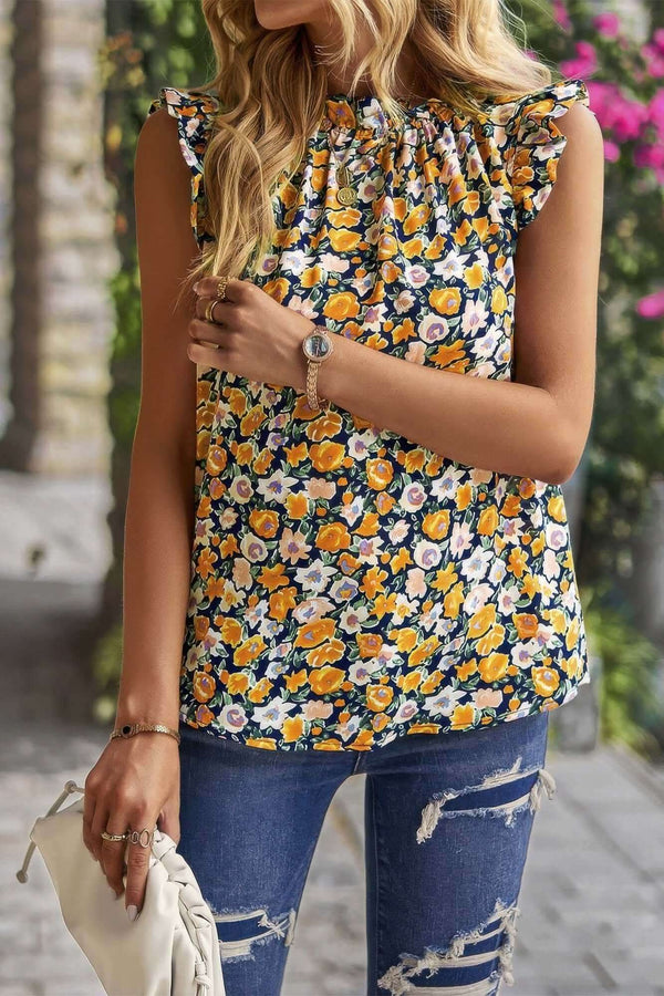 Boho Floral Sleeveless Loose Fit Collar Top - Fit Me For 20