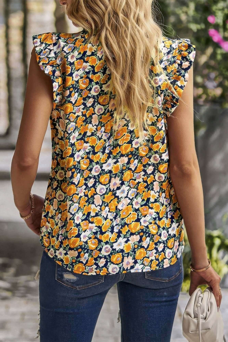 Boho Floral Sleeveless Loose Fit Collar Top - Fit Me For 20