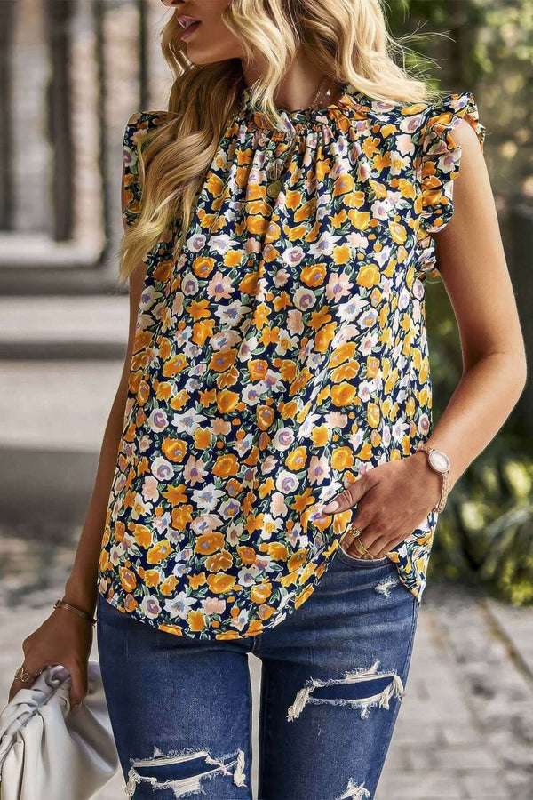 Boho Floral Sleeveless Loose Fit Collar Top - Fit Me For 20