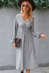 Solid V Neck Elastic Waist Button Long Sleeve Dress - Fit Me For 20