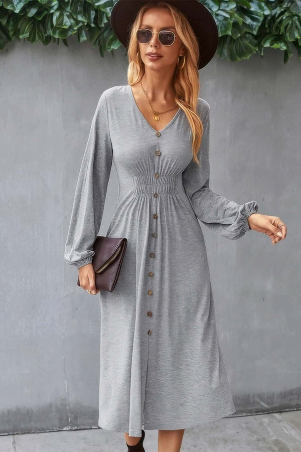 Solid V Neck Elastic Waist Button Long Sleeve Dress - Fit Me For 20