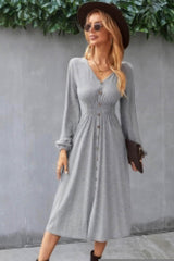 Solid V Neck Elastic Waist Button Long Sleeve Dress - Fit Me For 20