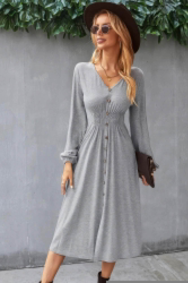 Solid V Neck Elastic Waist Button Long Sleeve Dress - Fit Me For 20