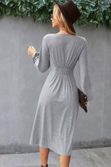 Solid V Neck Elastic Waist Button Long Sleeve Dress - Fit Me For 20