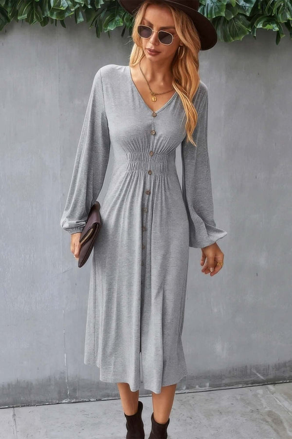 Solid V Neck Elastic Waist Button Long Sleeve Dress - Fit Me For 20