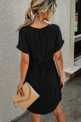 Solid Round Neck Tie Waist Belt Fit Dress - Fit Me For 20