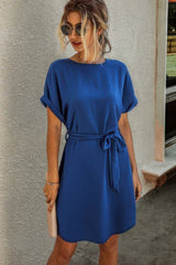 Solid Round Neck Tie Waist Belt Fit Dress - Fit Me For 20