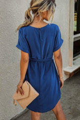 Solid Round Neck Tie Waist Belt Fit Dress - Fit Me For 20