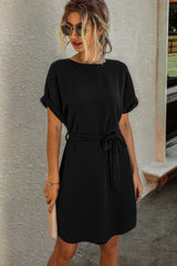 Solid Round Neck Tie Waist Belt Fit Dress - Fit Me For 20