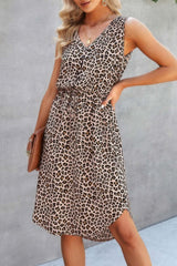 Leopard V Neck Sleeveless Button Fit Midi Dress - Fit Me For 20