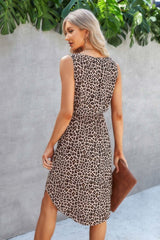 Leopard V Neck Sleeveless Button Fit Midi Dress - Fit Me For 20