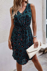 Leopard V Neck Sleeveless Button Fit Midi Dress - Fit Me For 20