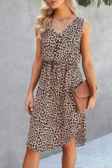 Leopard V Neck Sleeveless Button Fit Midi Dress - Fit Me For 20