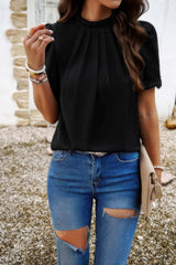Crew Neck Solid Ruffle Loose Fit Dressy Elegant Shirt - Fit Me For 20