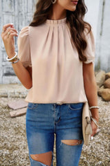 Crew Neck Solid Ruffle Loose Fit Dressy Elegant Shirt - Fit Me For 20