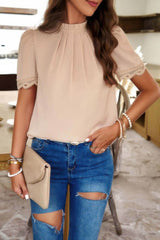 Crew Neck Solid Ruffle Loose Fit Dressy Elegant Shirt - Fit Me For 20