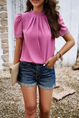 Crew Neck Solid Ruffle Loose Fit Dressy Elegant Shirt - Fit Me For 20