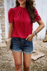Crew Neck Solid Ruffle Loose Fit Dressy Elegant Shirt - Fit Me For 20