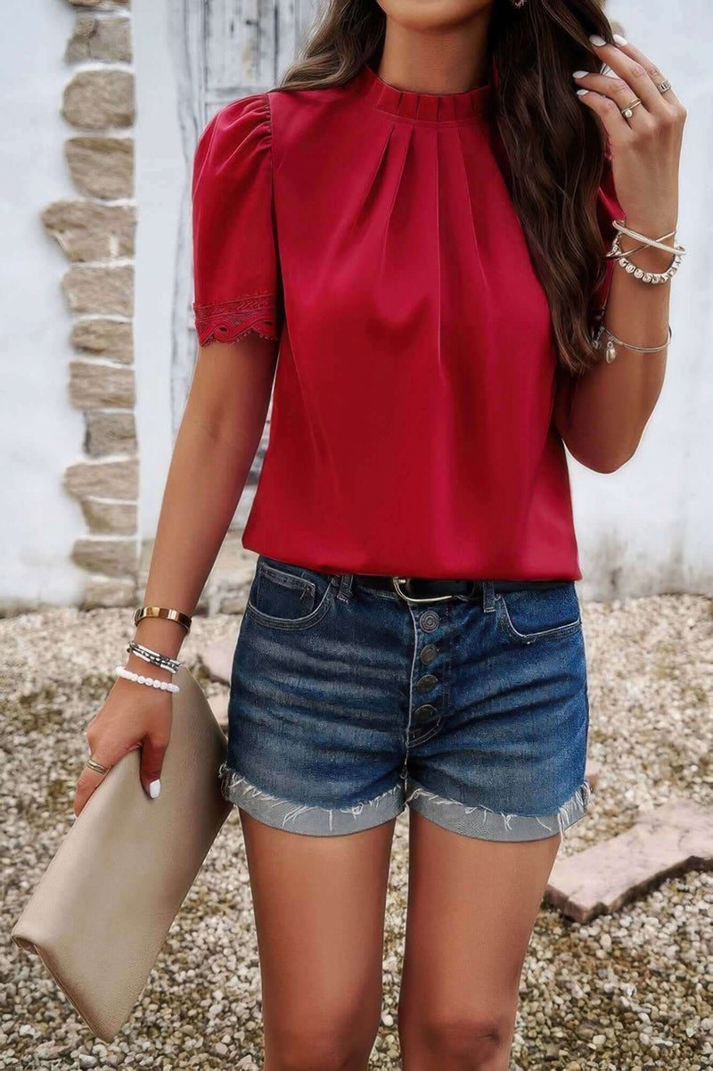 Crew Neck Solid Ruffle Loose Fit Dressy Elegant Shirt - Fit Me For 20