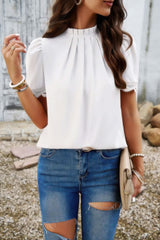 Crew Neck Solid Ruffle Loose Fit Dressy Elegant Shirt - Fit Me For 20