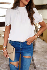 Crew Neck Solid Ruffle Loose Fit Dressy Elegant Shirt - Fit Me For 20