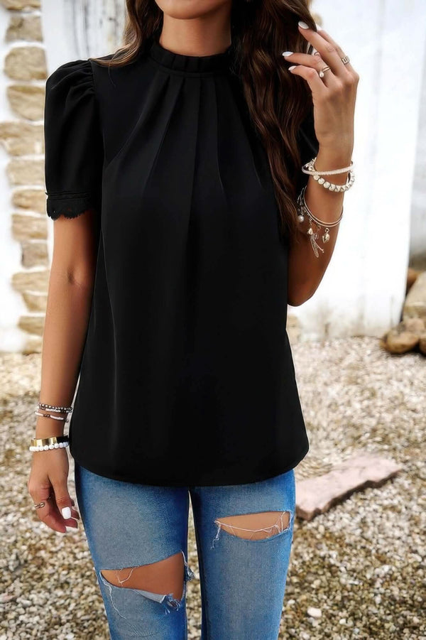 Crew Neck Solid Ruffle Loose Fit Dressy Elegant Shirt - Fit Me For 20