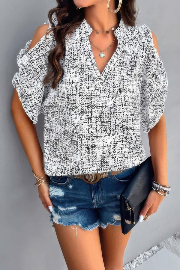 Printed Mandarine Collar Cold Shoulder Loose Top - Fit Me For 20