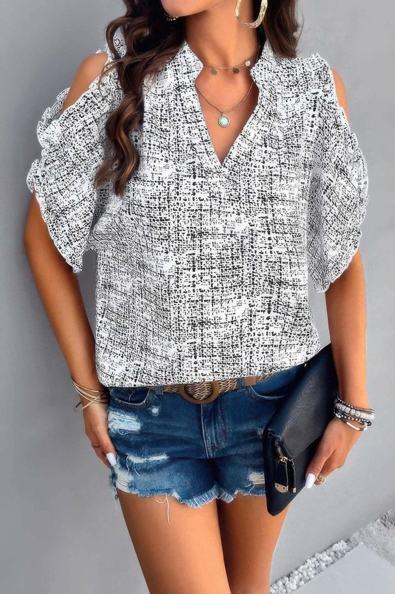 Printed Mandarine Collar Cold Shoulder Loose Top - Fit Me For 20