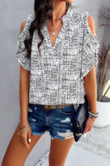 Printed Mandarine Collar Cold Shoulder Loose Top - Fit Me For 20