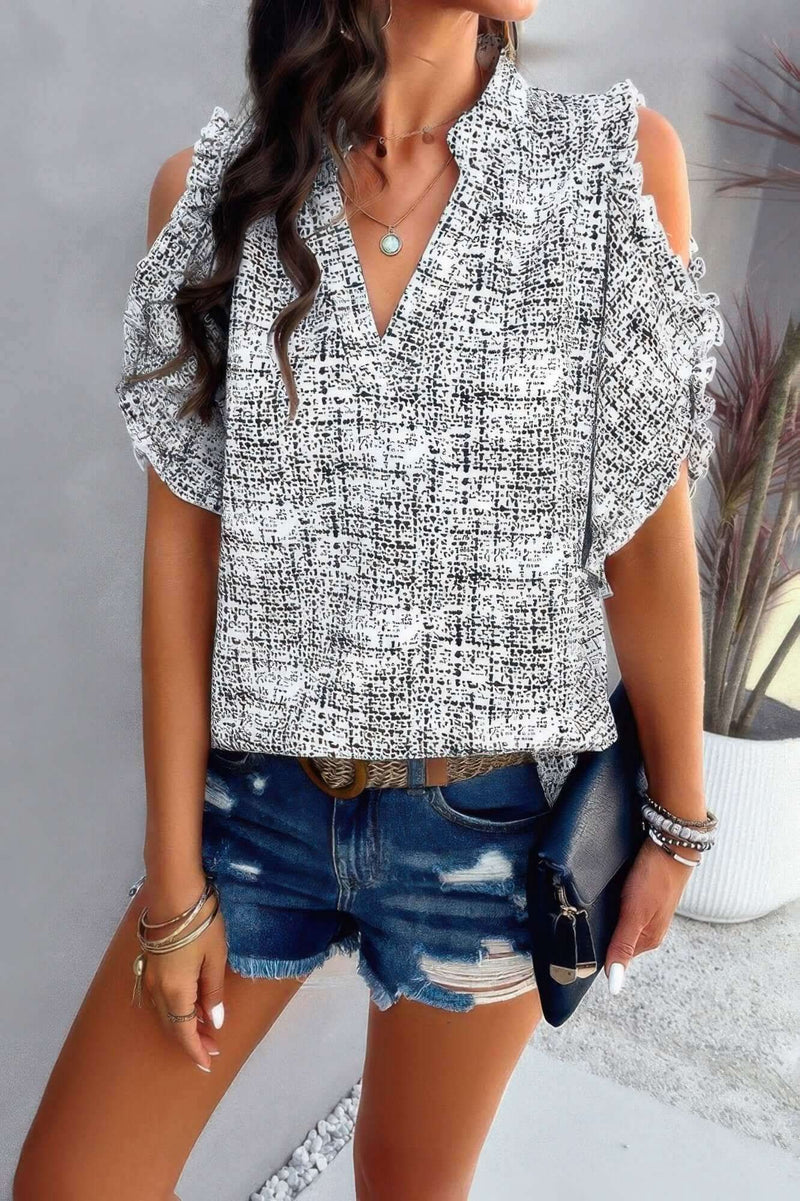 Printed Mandarine Collar Cold Shoulder Loose Top - Fit Me For 20