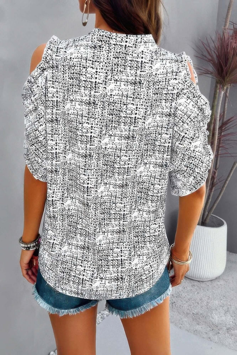 Printed Mandarine Collar Cold Shoulder Loose Top - Fit Me For 20