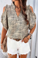 Printed Mandarine Collar Cold Shoulder Loose Top - Fit Me For 20