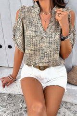 Printed Mandarine Collar Cold Shoulder Loose Top - Fit Me For 20