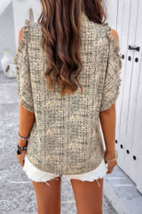 Printed Mandarine Collar Cold Shoulder Loose Top - Fit Me For 20