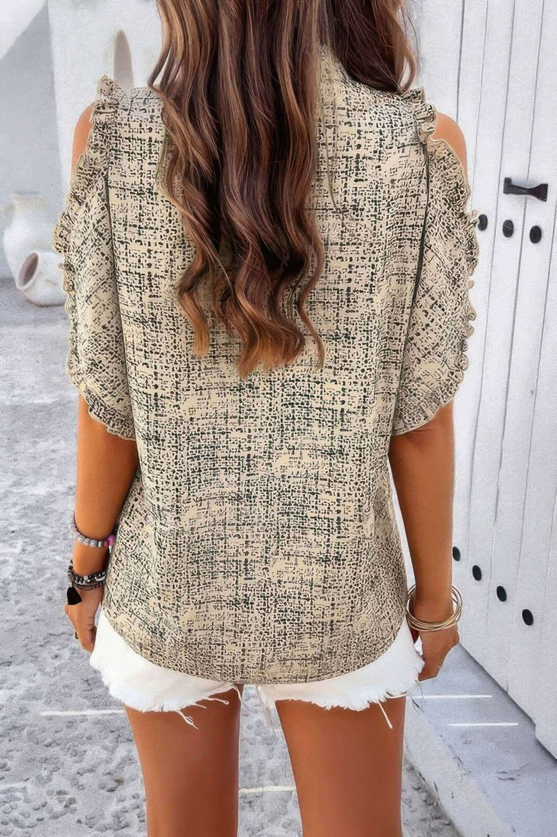 Printed Mandarine Collar Cold Shoulder Loose Top - Fit Me For 20