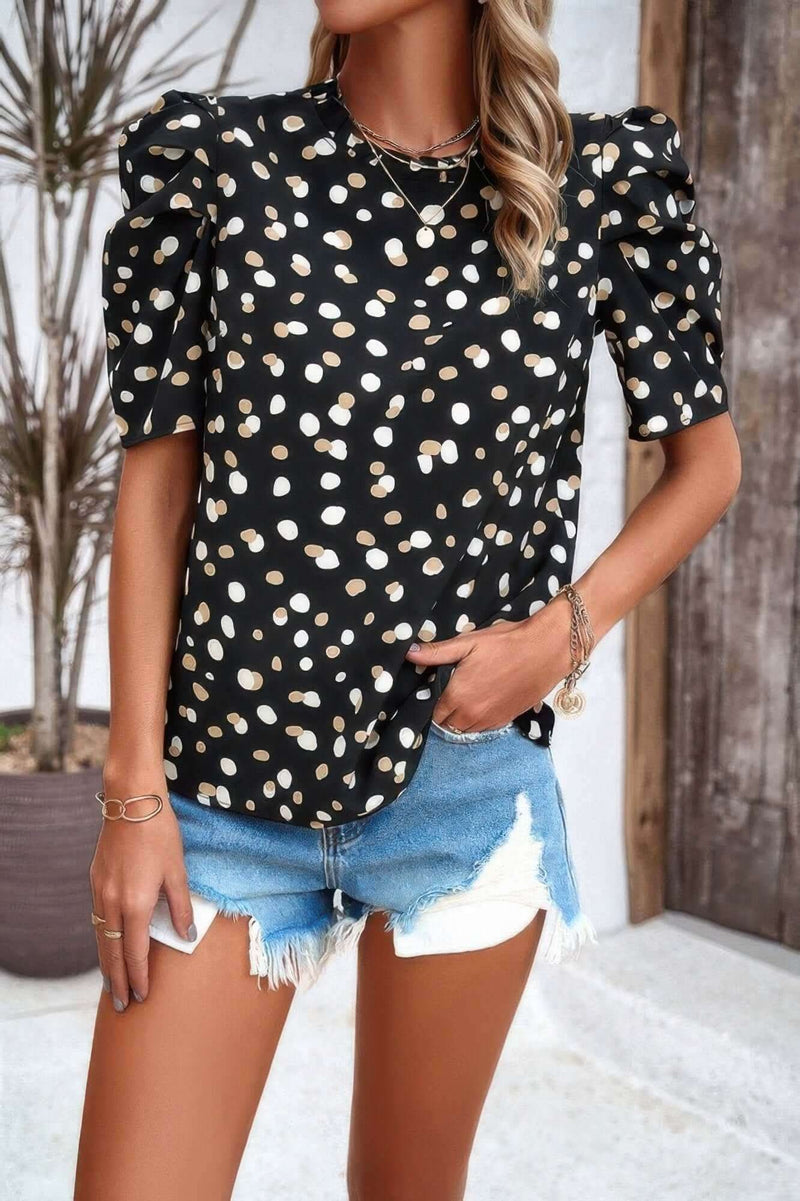Puff Sleeves Allover Print Knot Loose Fit Top - Fit Me For 20