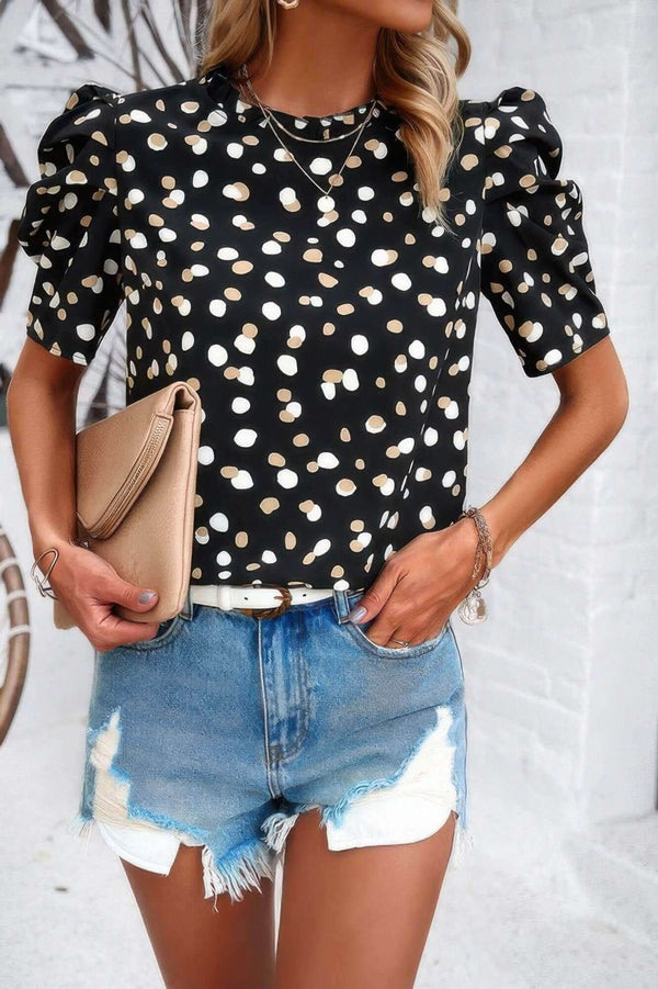 Puff Sleeves Allover Print Knot Loose Fit Top - Fit Me For 20