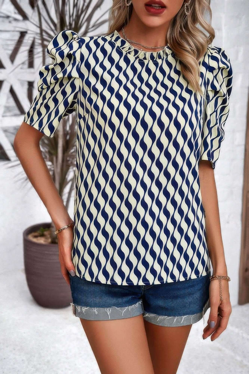 Puff Sleeves Allover Print Knot Loose Fit Top - Fit Me For 20