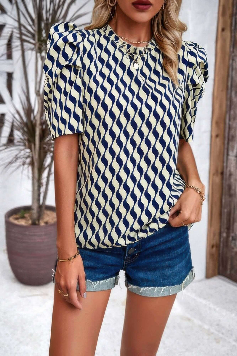 Puff Sleeves Allover Print Knot Loose Fit Top - Fit Me For 20