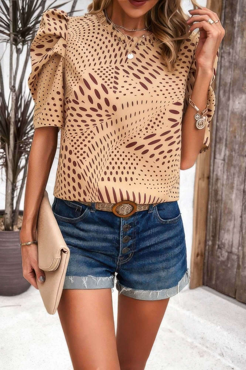 Puff Sleeves Allover Print Knot Loose Fit Top - Fit Me For 20