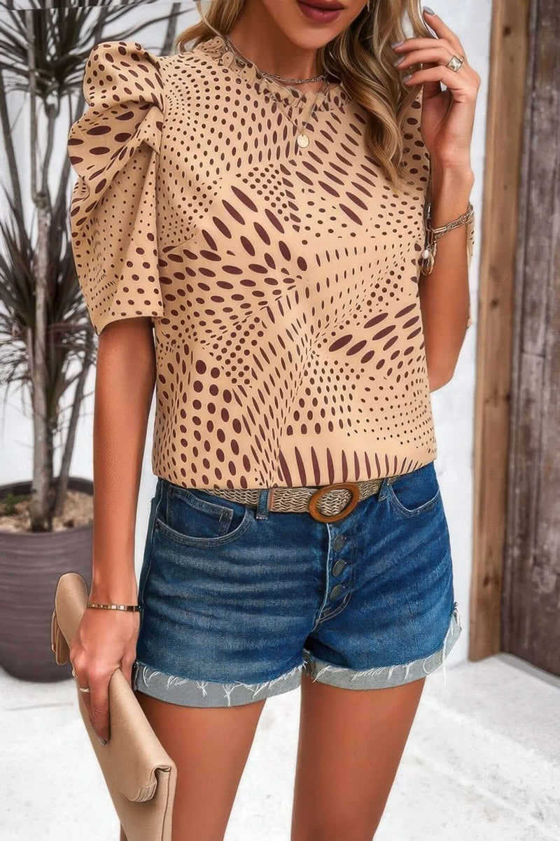 Puff Sleeves Allover Print Knot Loose Fit Top - Fit Me For 20
